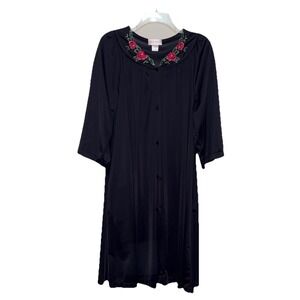 Shadowline Nylon Robe Peignoir Floral Embroidered Neckline ButtonFront Closure L